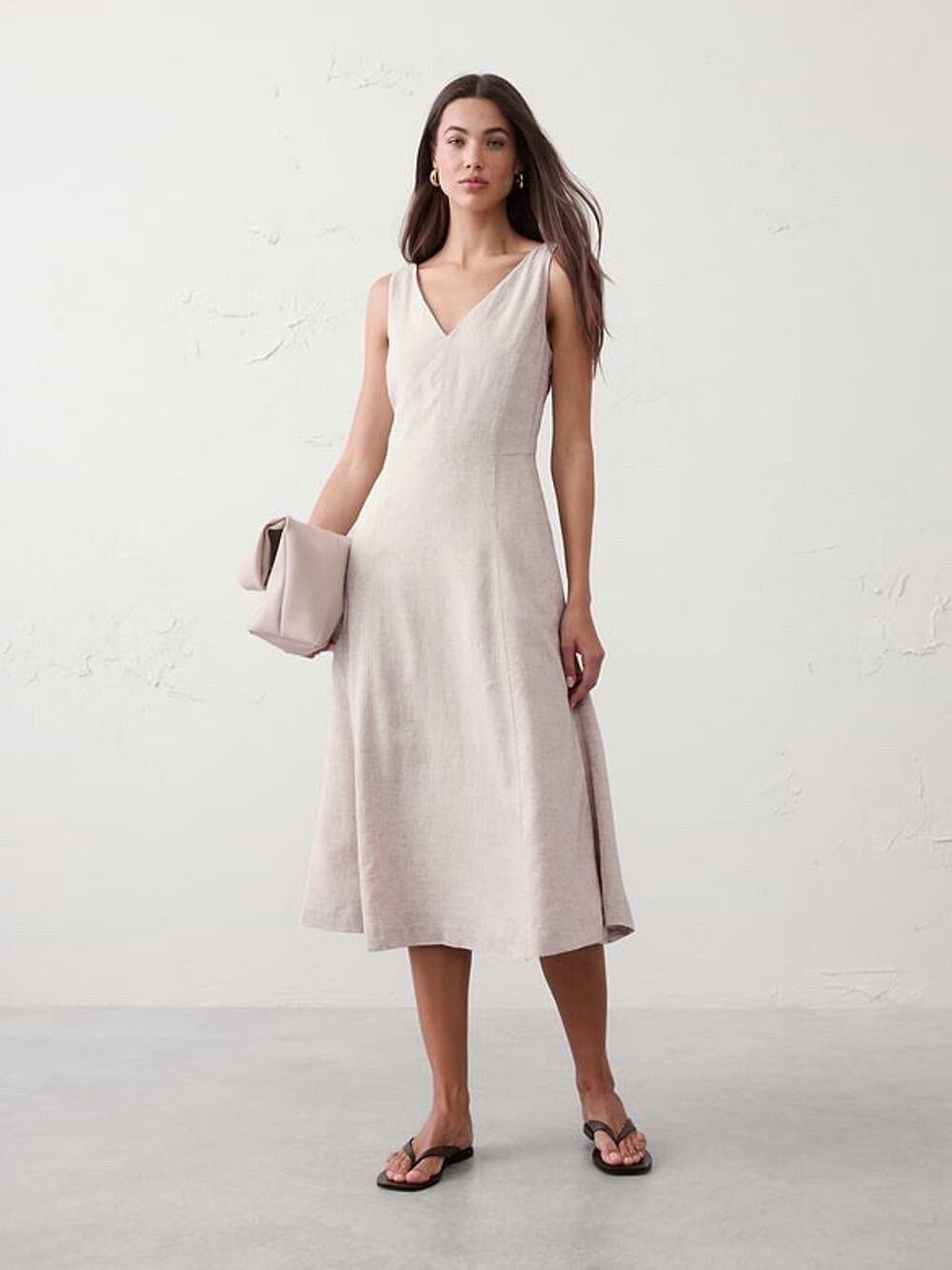 Banana Republic Dress Large Beige Linen Blend Drapey Midi Minimalist Luxury